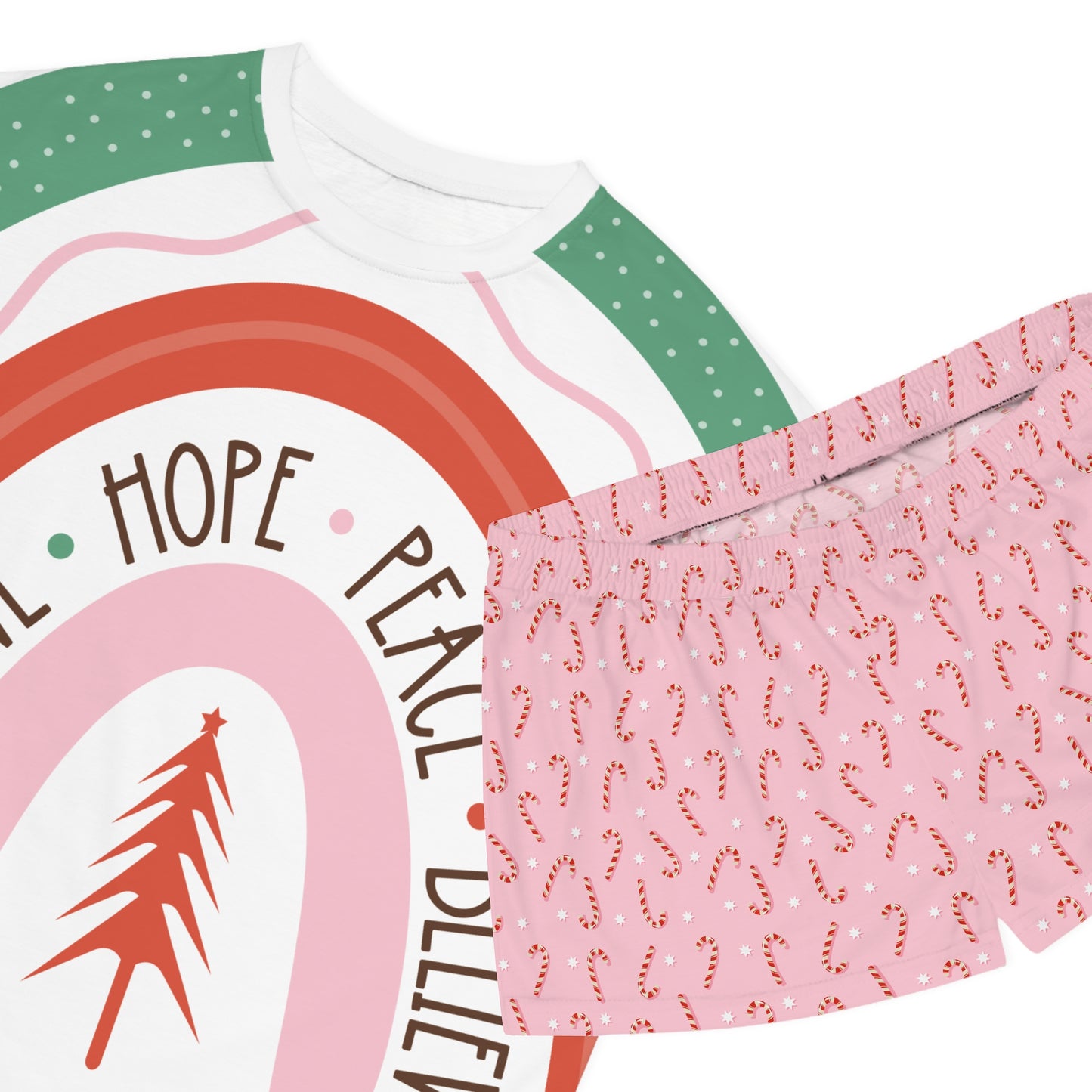 Women's Pajama Set - Holiday Rainbow 'Joy • Love • Hope • Peace • Believe' Short Sleepwear with Candy Cane Shorts