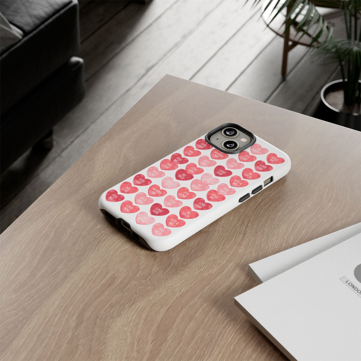 Phone Case — Pink Conversation Heart Pattern, Valentine’s Day Love Messages