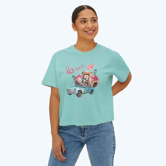 Love Bear Vintage Car Boxy Tee — Cute Valentine's Women's Shirt