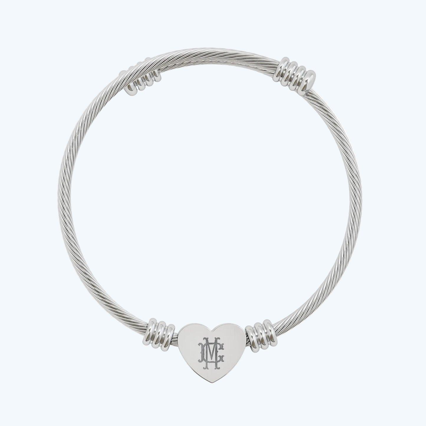 Engravable Heart Cuff Bracelet — Personalized Sterling Cable Bangle, Custom Initials Gift