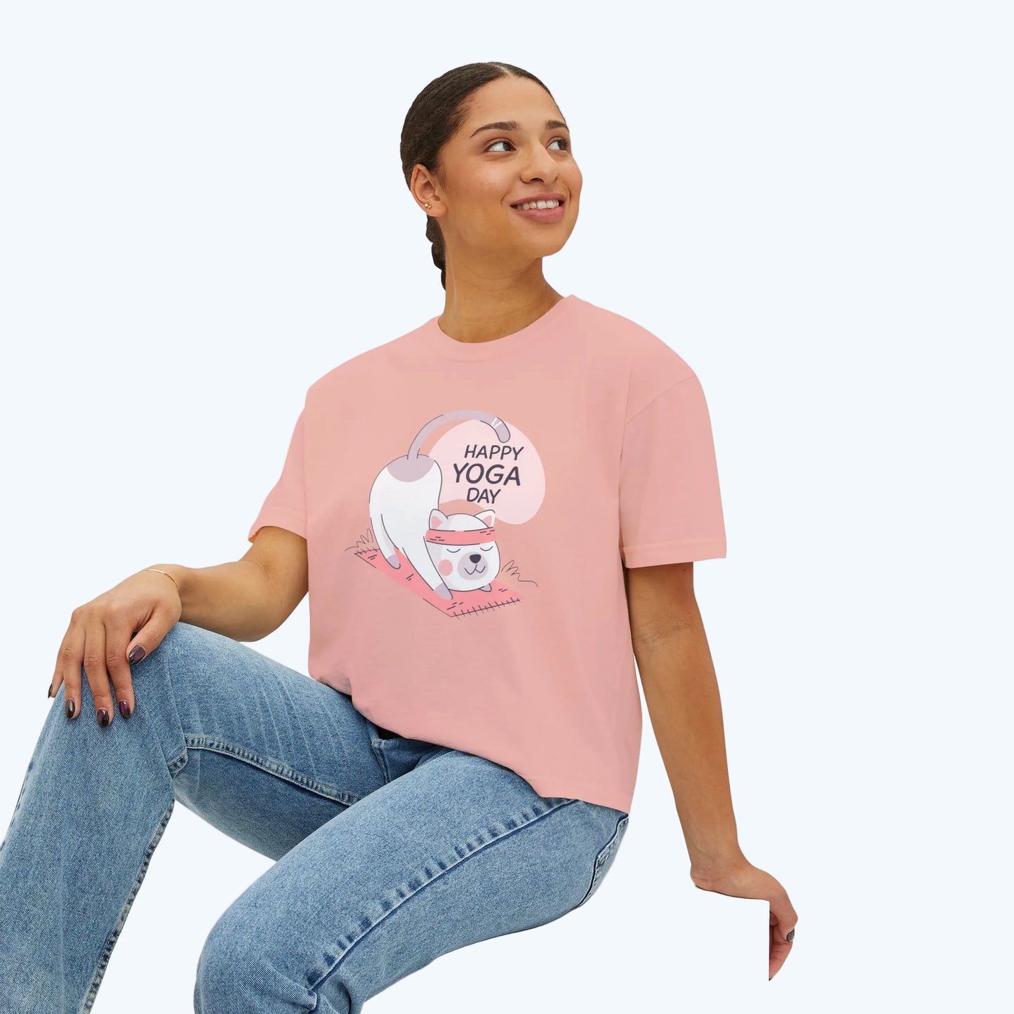 Women's Tee — Cute "Happy Yoga Day" Cat Pose Graphic