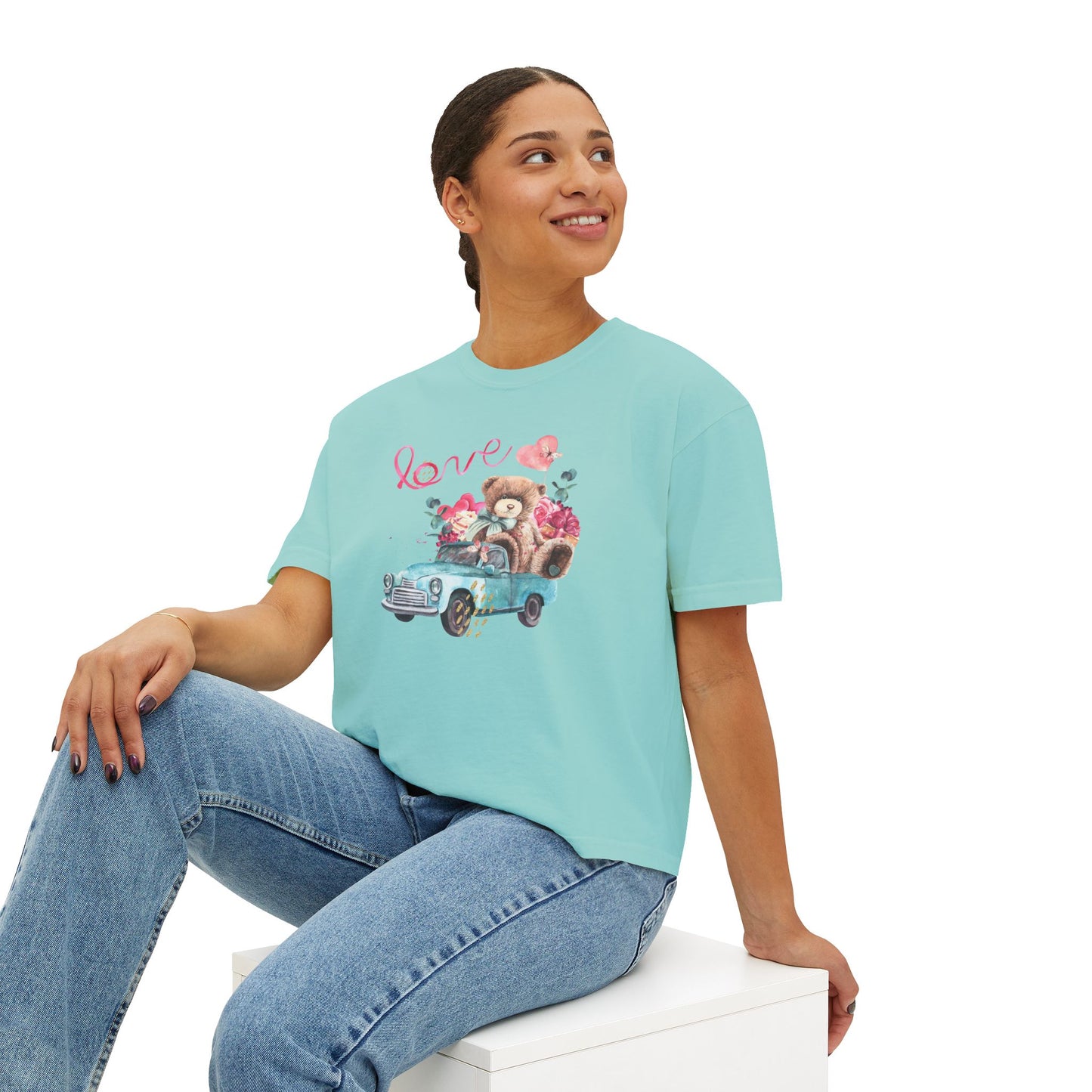 Love Bear Vintage Car Boxy Tee — Cute Valentine's Women's Shirt