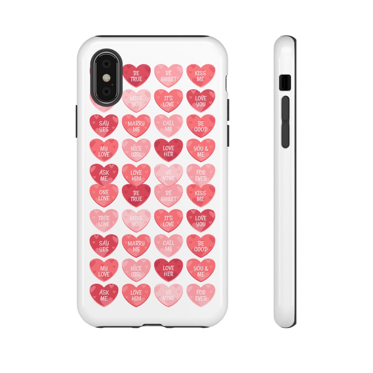 Phone Case — Pink Conversation Heart Pattern, Valentine’s Day Love Messages