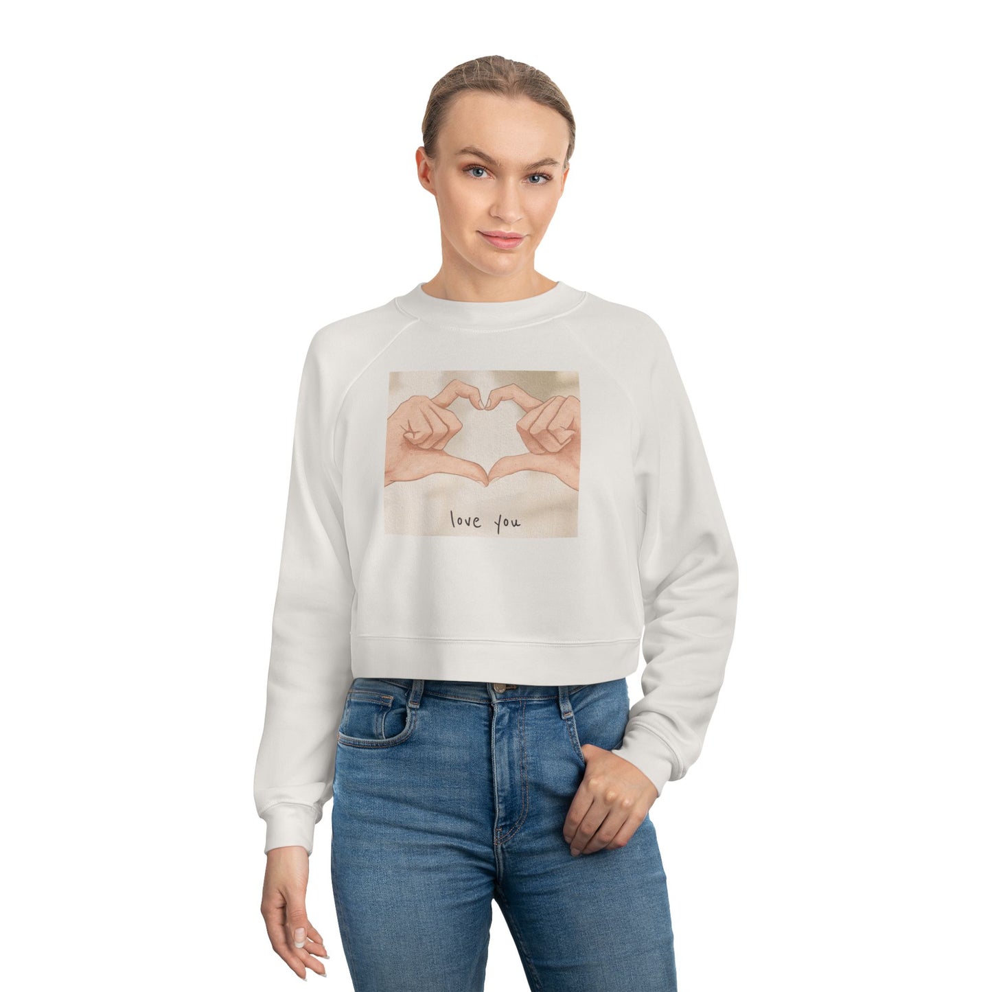 Cropped Pullover — 'Love You' Heart Hands Cozy Women's Sweatshirt