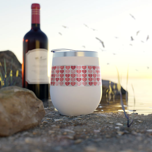 12oz Insulated Stemless Cup — Pink Watercolor Conversation Hearts Pattern