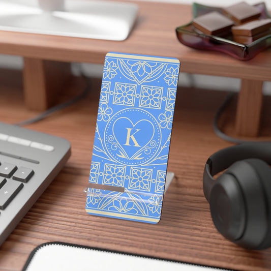 Monogram Phone Stand — Blue Heart Initial K Mobile Display Stand