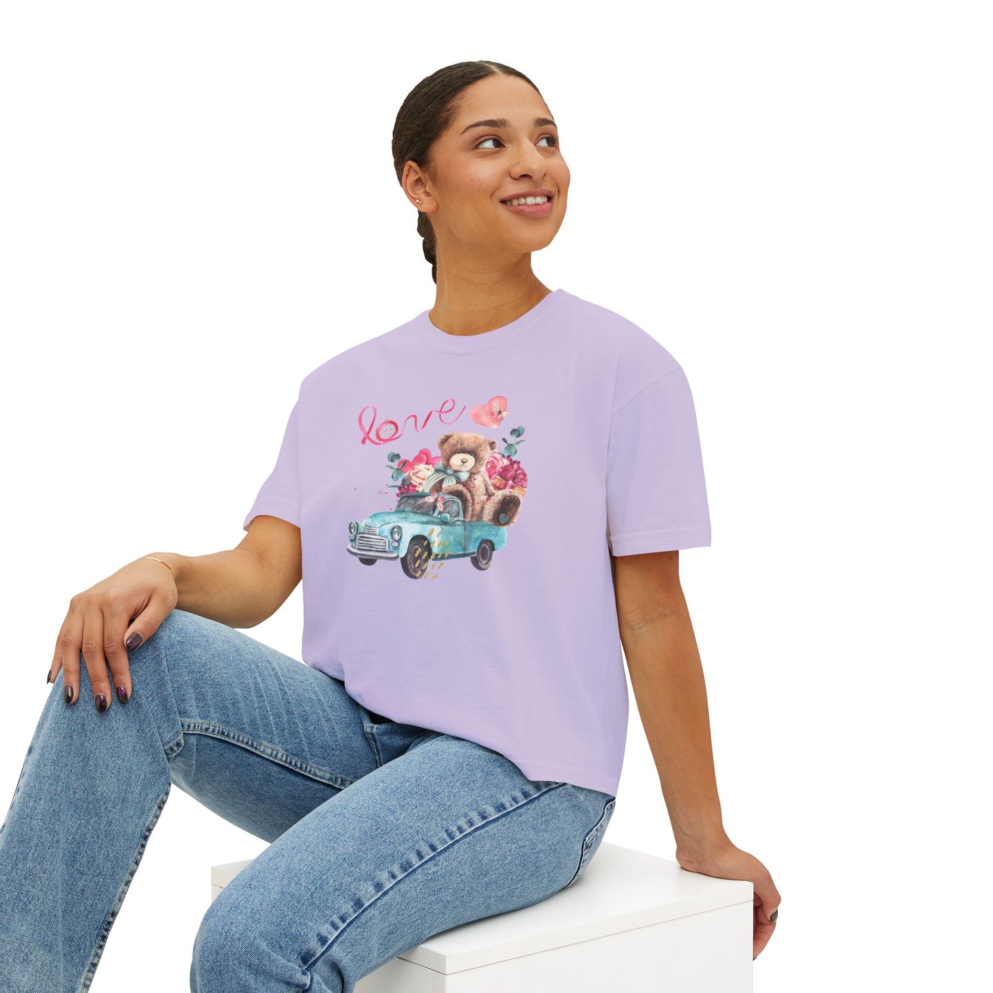 Love Bear Vintage Car Boxy Tee — Cute Valentine's Women's Shirt