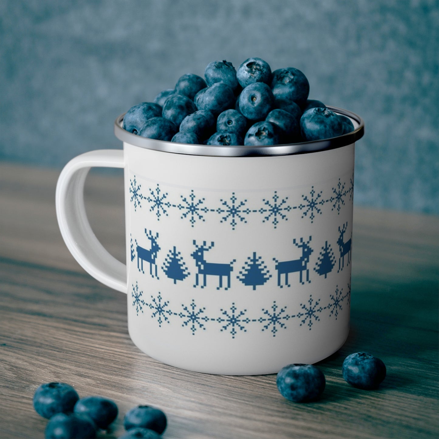 Nordic Reindeer Enamel Camping Mug — Blue Snowflake Holiday Camp Cup