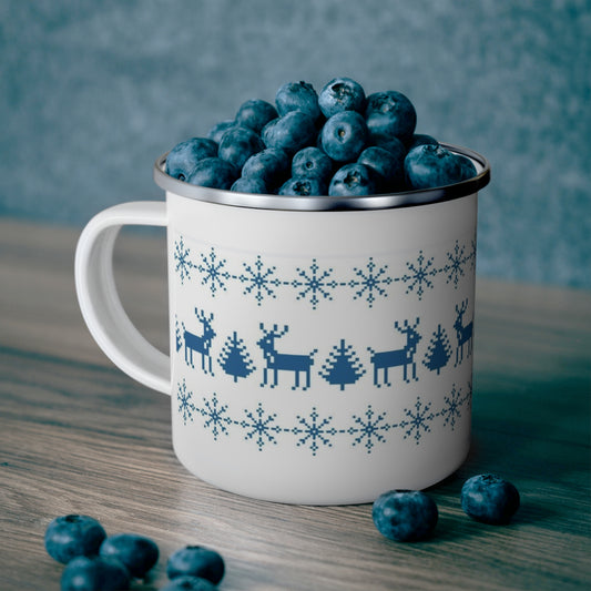 Nordic Reindeer Enamel Camping Mug — Blue Snowflake Holiday Camp Cup
