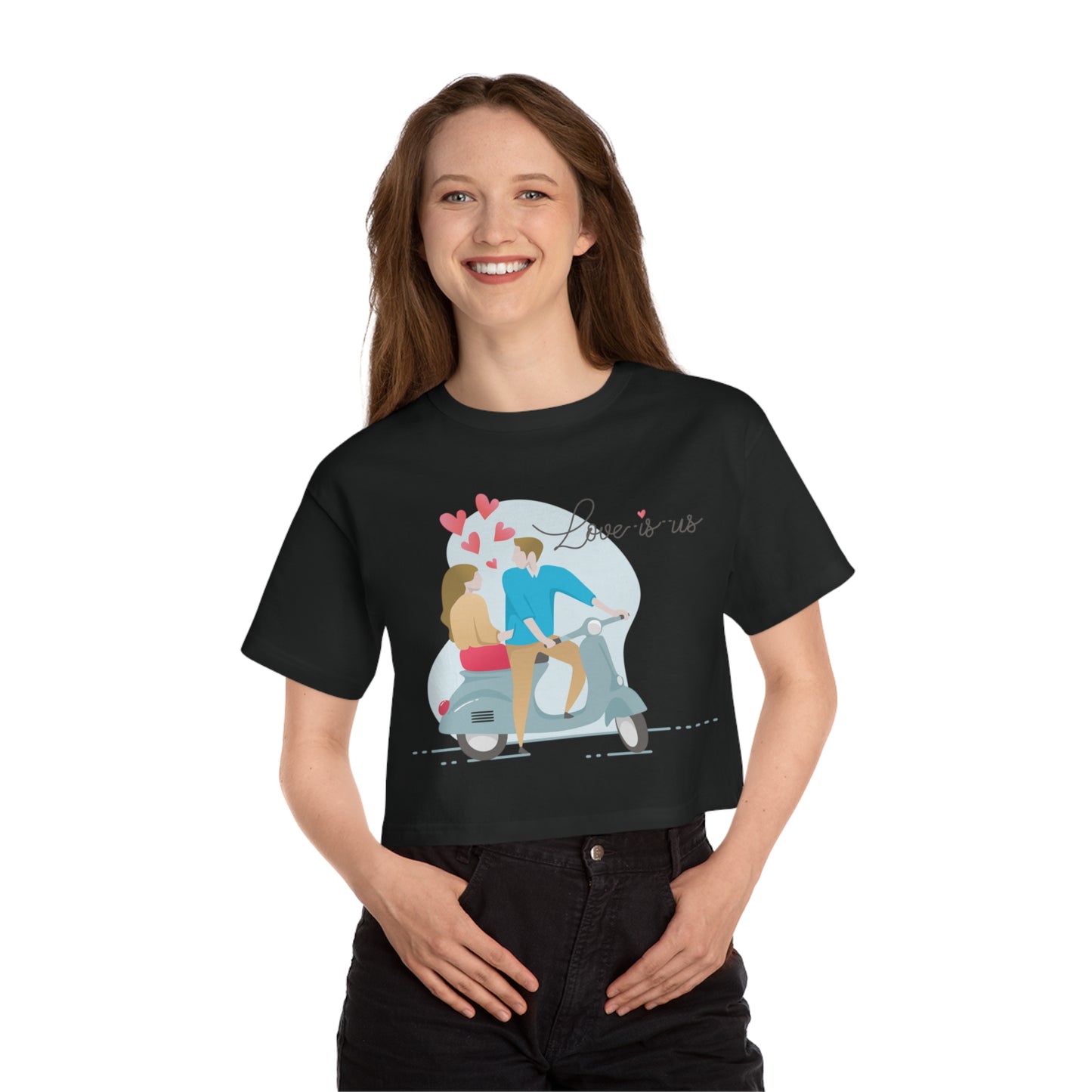 Romantic Scooter Couple Cropped T-Shirt — "Love is Us" Graphic