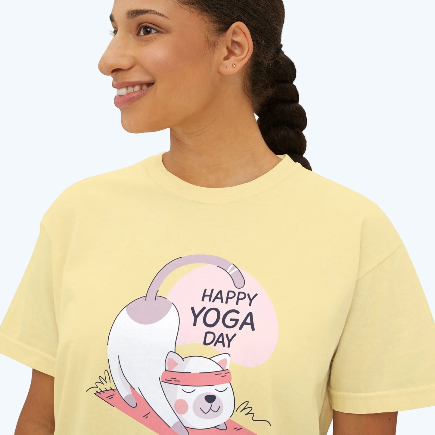 Women's Tee — Cute "Happy Yoga Day" Cat Pose Graphic
