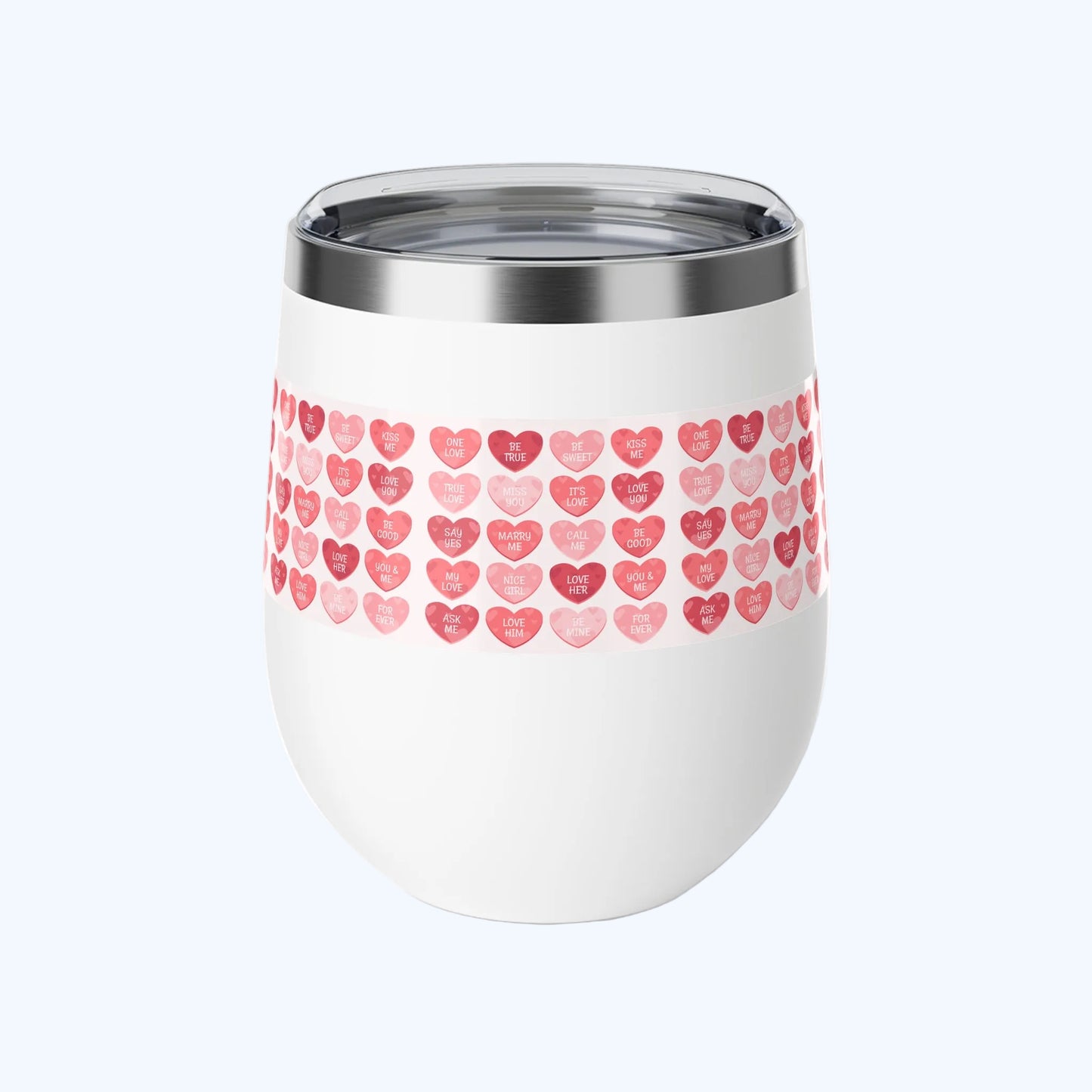 12oz Insulated Stemless Cup — Pink Watercolor Conversation Hearts Pattern