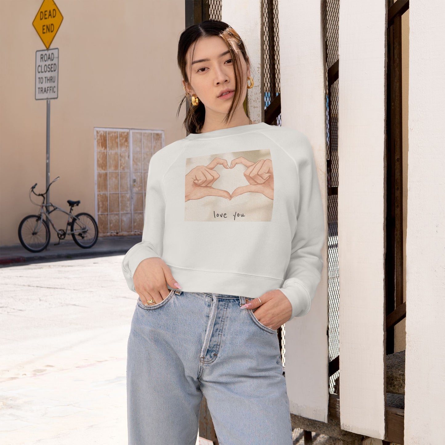 Cropped Pullover — 'Love You' Heart Hands Cozy Women's Sweatshirt