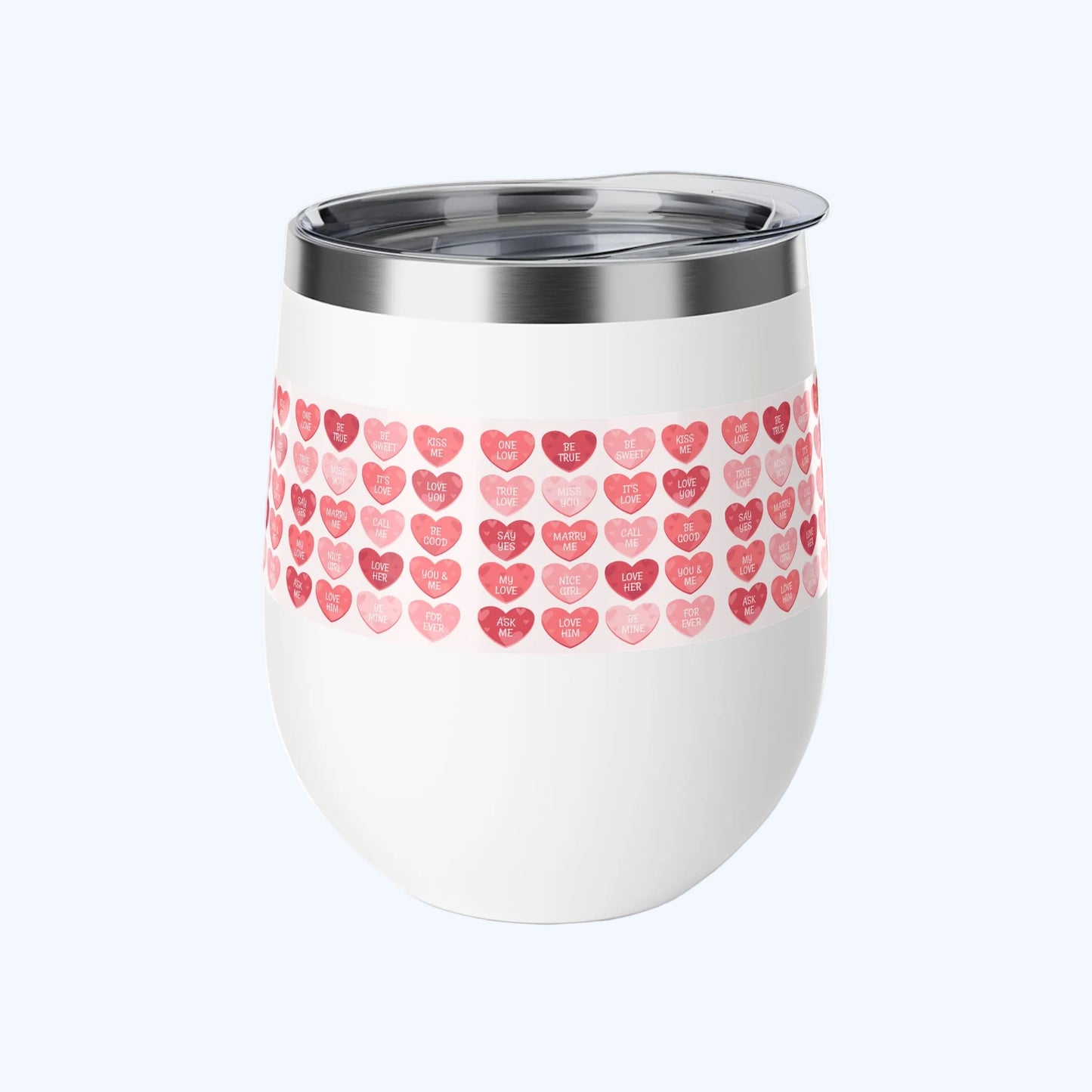 12oz Insulated Stemless Cup — Pink Watercolor Conversation Hearts Pattern