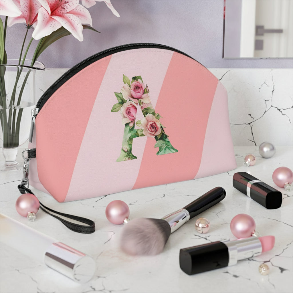 Floral Monogram 'A' Makeup Bag — Pink Striped Cosmetic Pouch