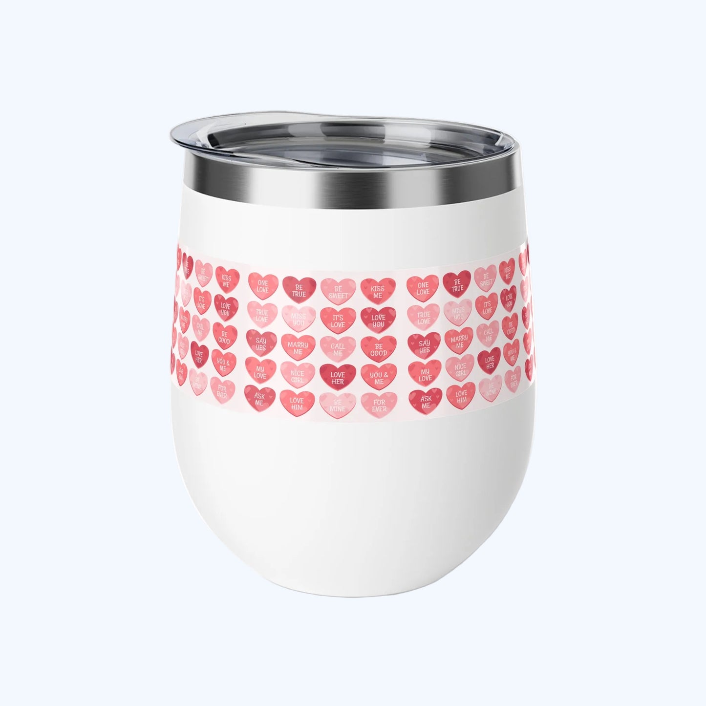 12oz Insulated Stemless Cup — Pink Watercolor Conversation Hearts Pattern