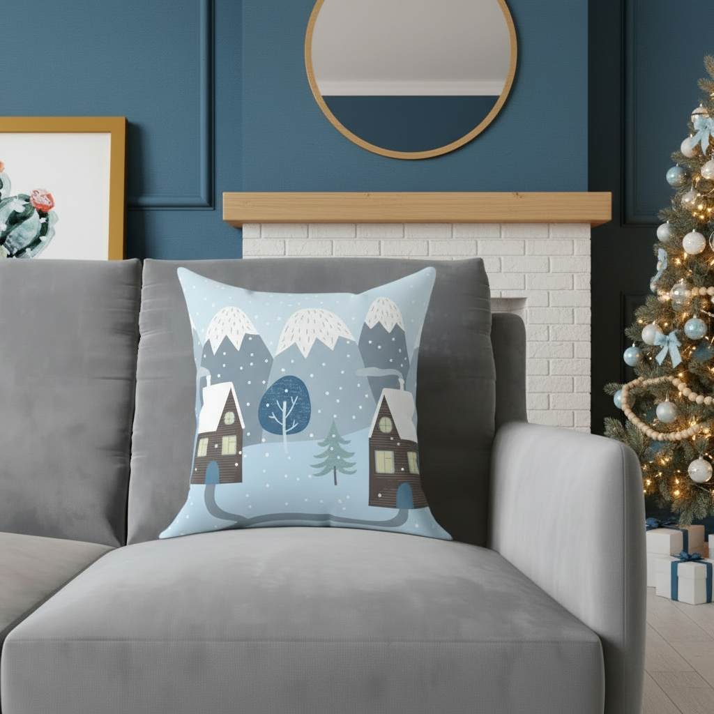 Winter Village Square Throw Pillow — Cozy Snowy Mountain Scene Decorative Cushion