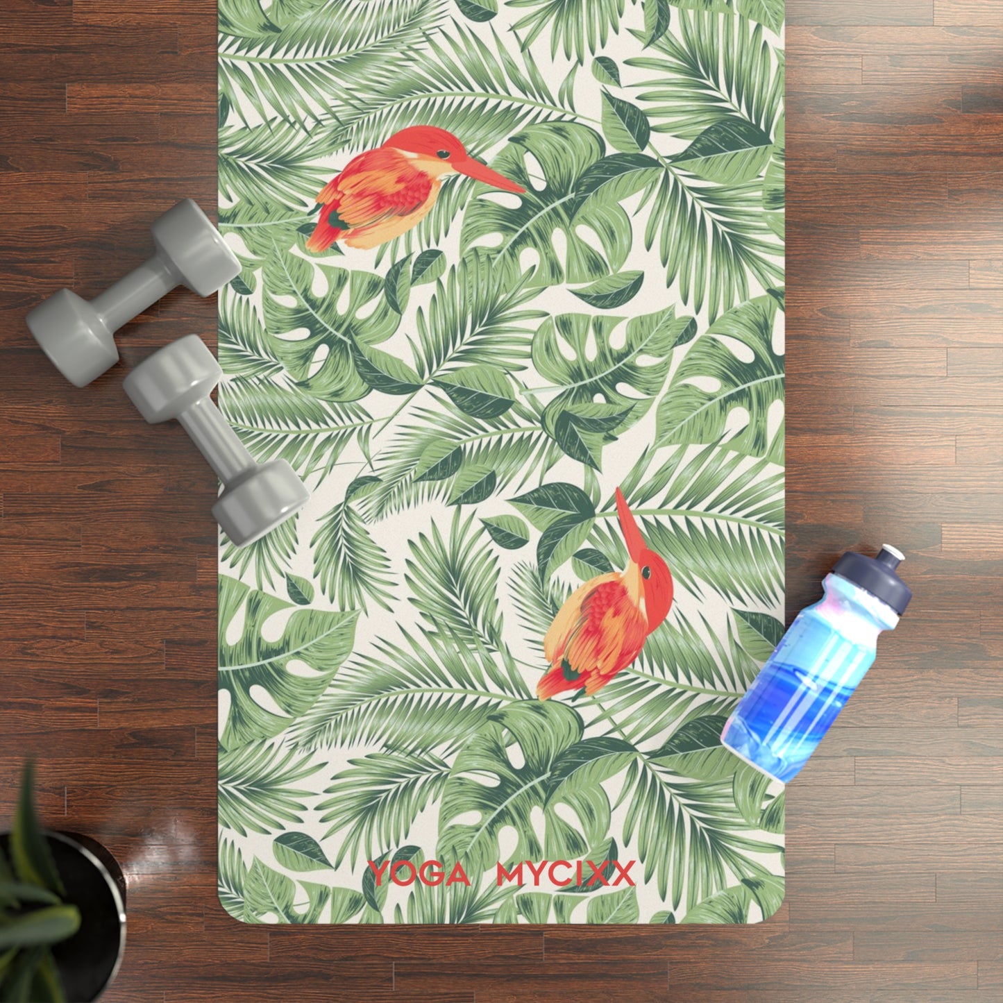 Tropical Flamingo Rubber Yoga Mat — Non-Slip Eco Yoga Mat with Leaf Print