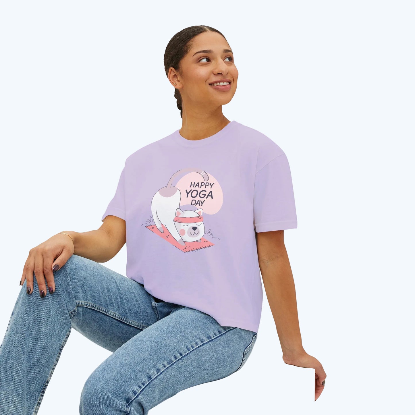 Women's Tee — Cute "Happy Yoga Day" Cat Pose Graphic