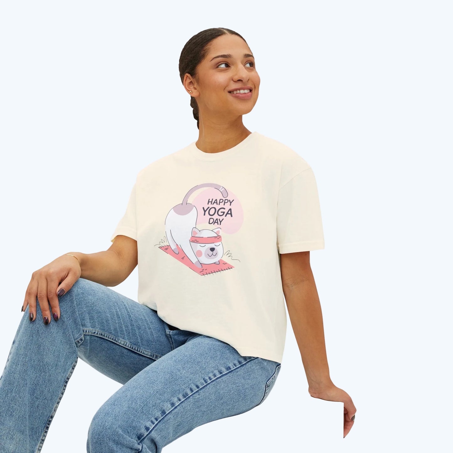 Women's Tee — Cute "Happy Yoga Day" Cat Pose Graphic