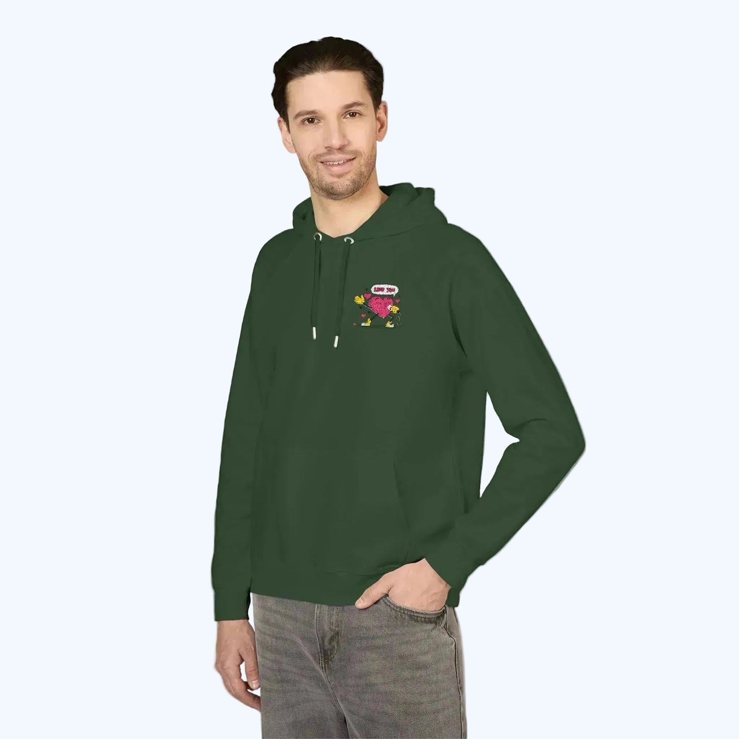 Embroidered Heart & Stars Hoodie — Cute Floral Chest Patch, Eco Raglan Sweatshirt