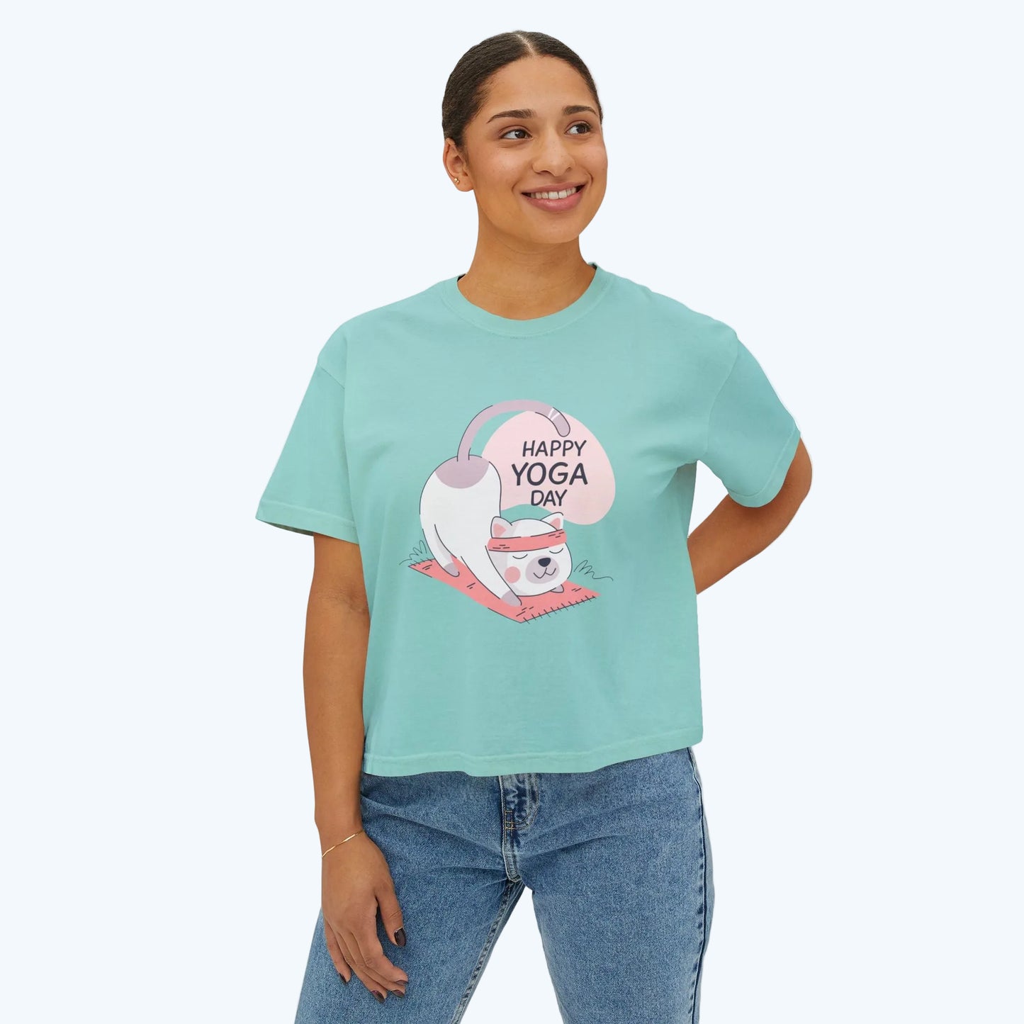 Women's Tee — Cute "Happy Yoga Day" Cat Pose Graphic