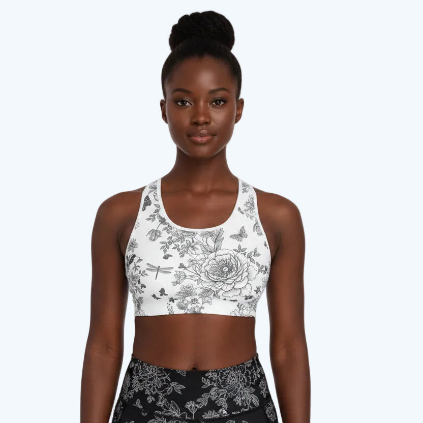 Floral Sketch Sports Bra — Monochrome Botanical Racerback