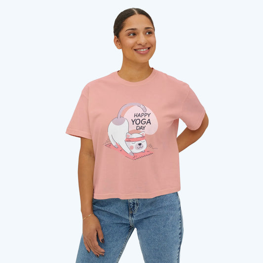Women's Tee — Cute "Happy Yoga Day" Cat Pose Graphic