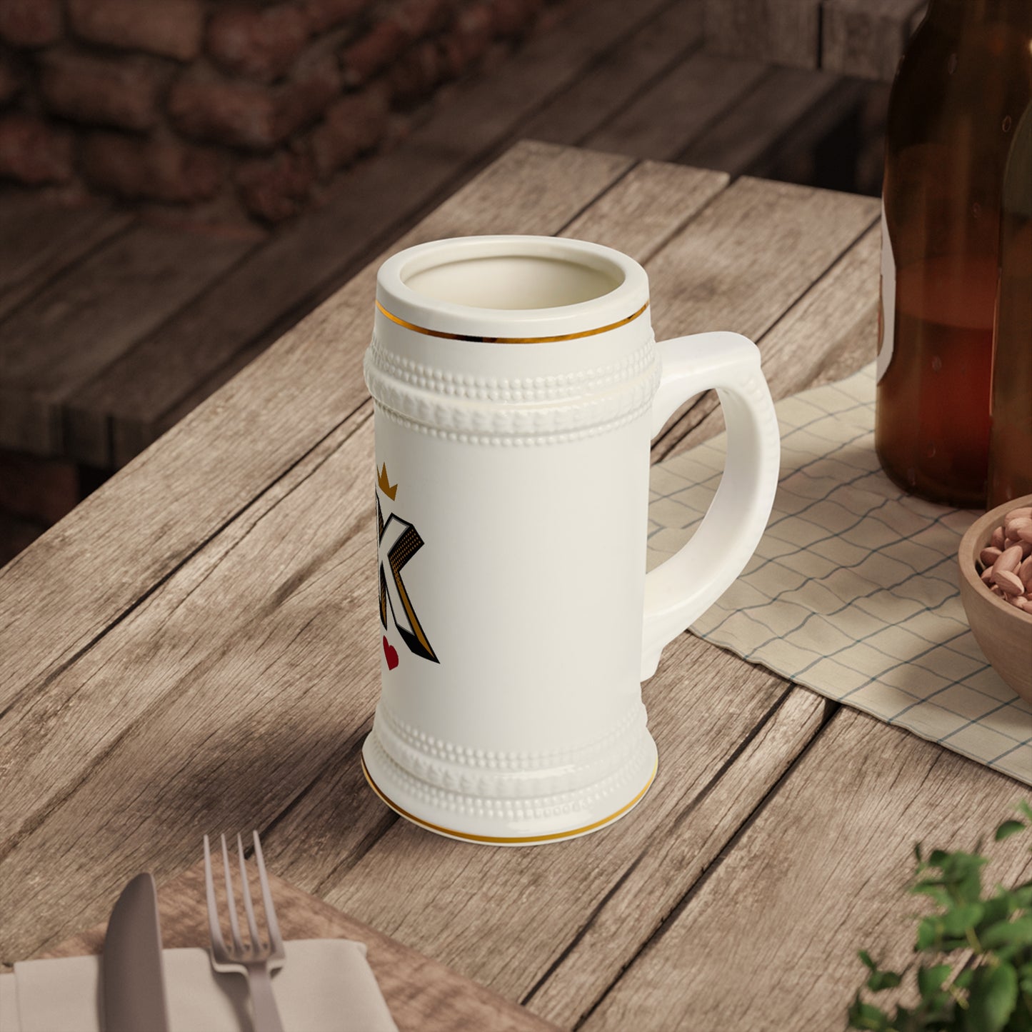 K Crown Beer Stein Mug — Vintage Monogram 'K' with Heart, Gift for King/Beer Lovers
