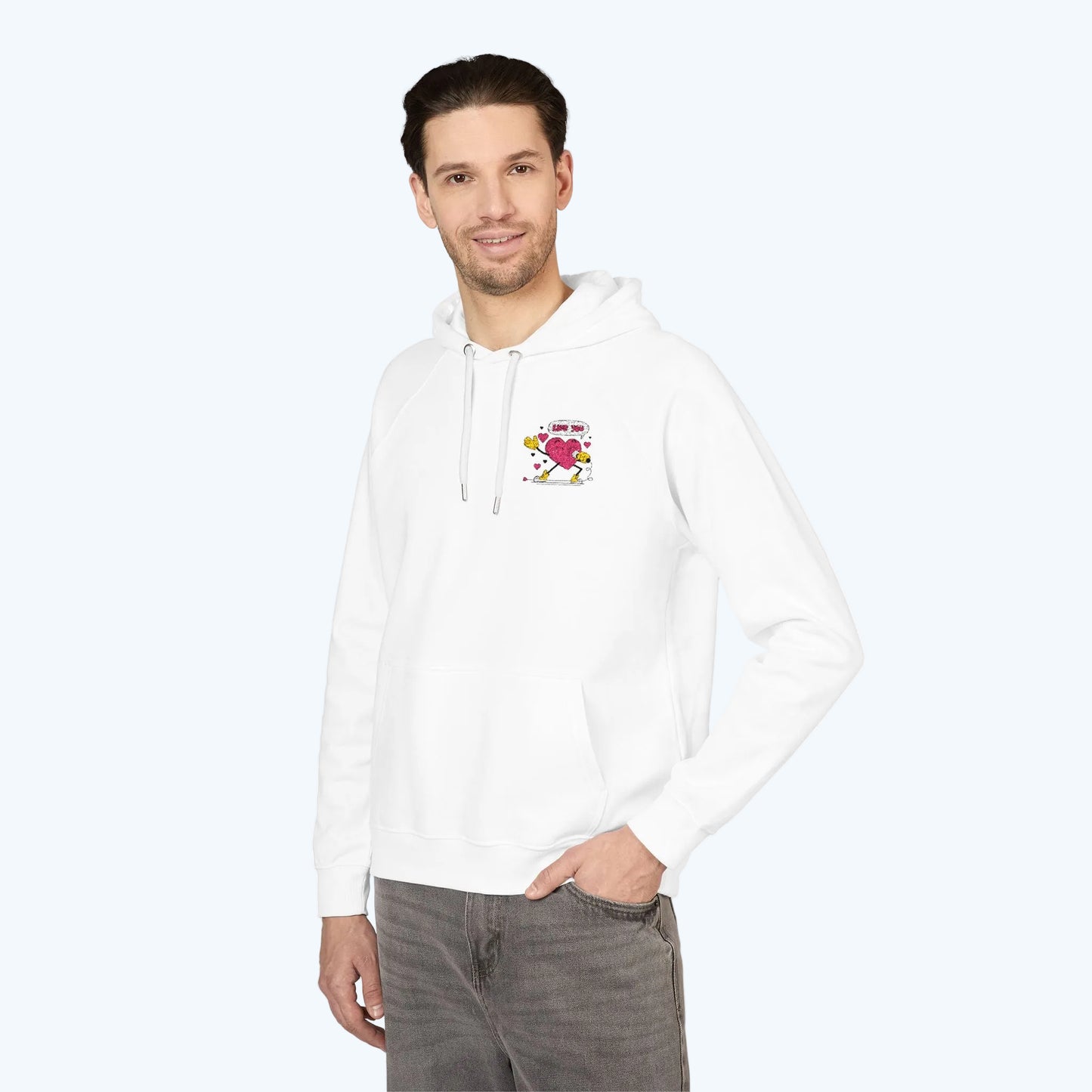 Embroidered Heart & Stars Hoodie — Cute Floral Chest Patch, Eco Raglan Sweatshirt