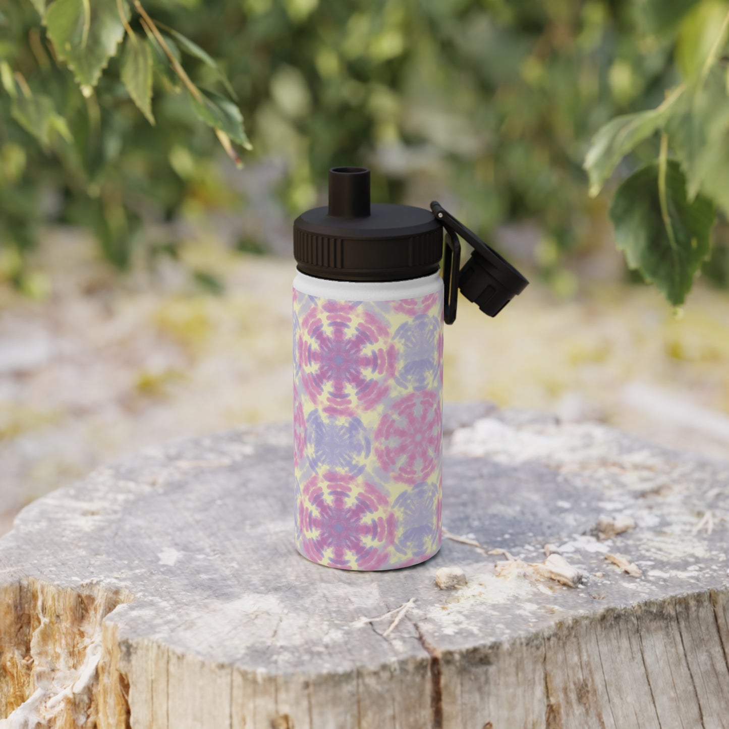 Tie-Dye Pastel Stainless Steel Water Bottle — Sports Lid, Pink & Lavender Kaleidoscope