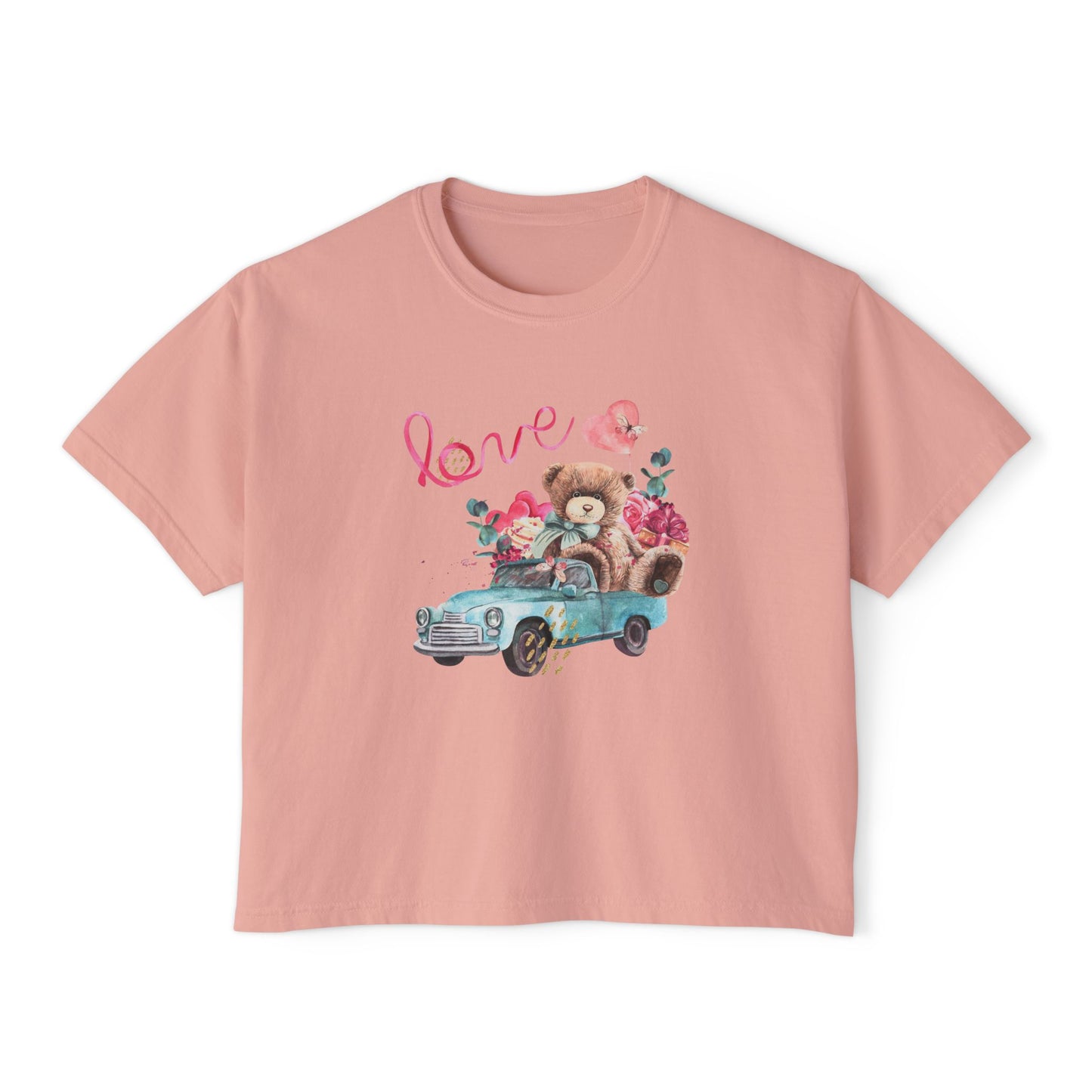 Love Bear Vintage Car Boxy Tee — Cute Valentine's Women's Shirt