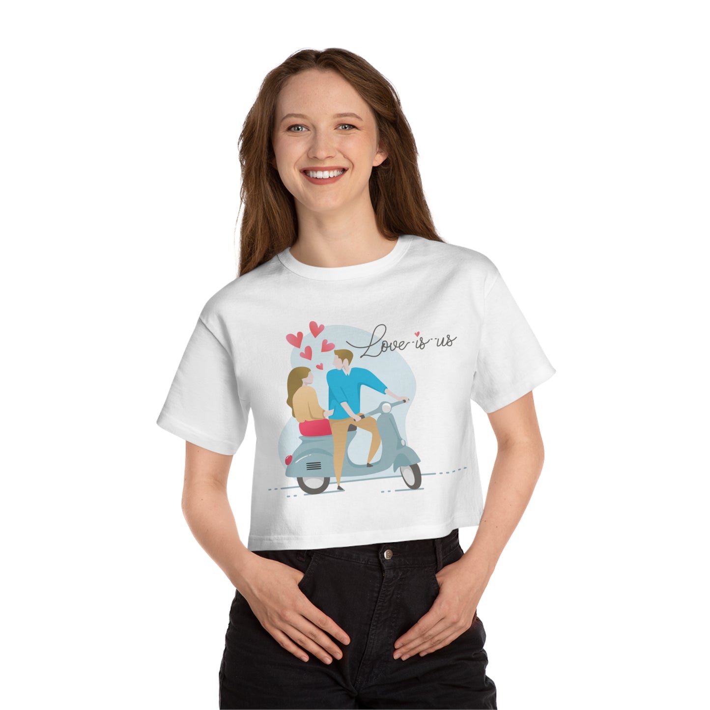 Romantic Scooter Couple Cropped T-Shirt — "Love is Us" Graphic