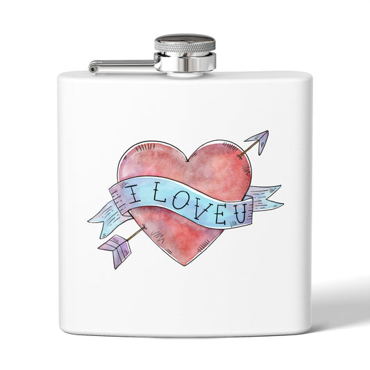6oz Stainless Steel Flask — Watercolor Heart "I Love U" Design (Valentine’s Gift)