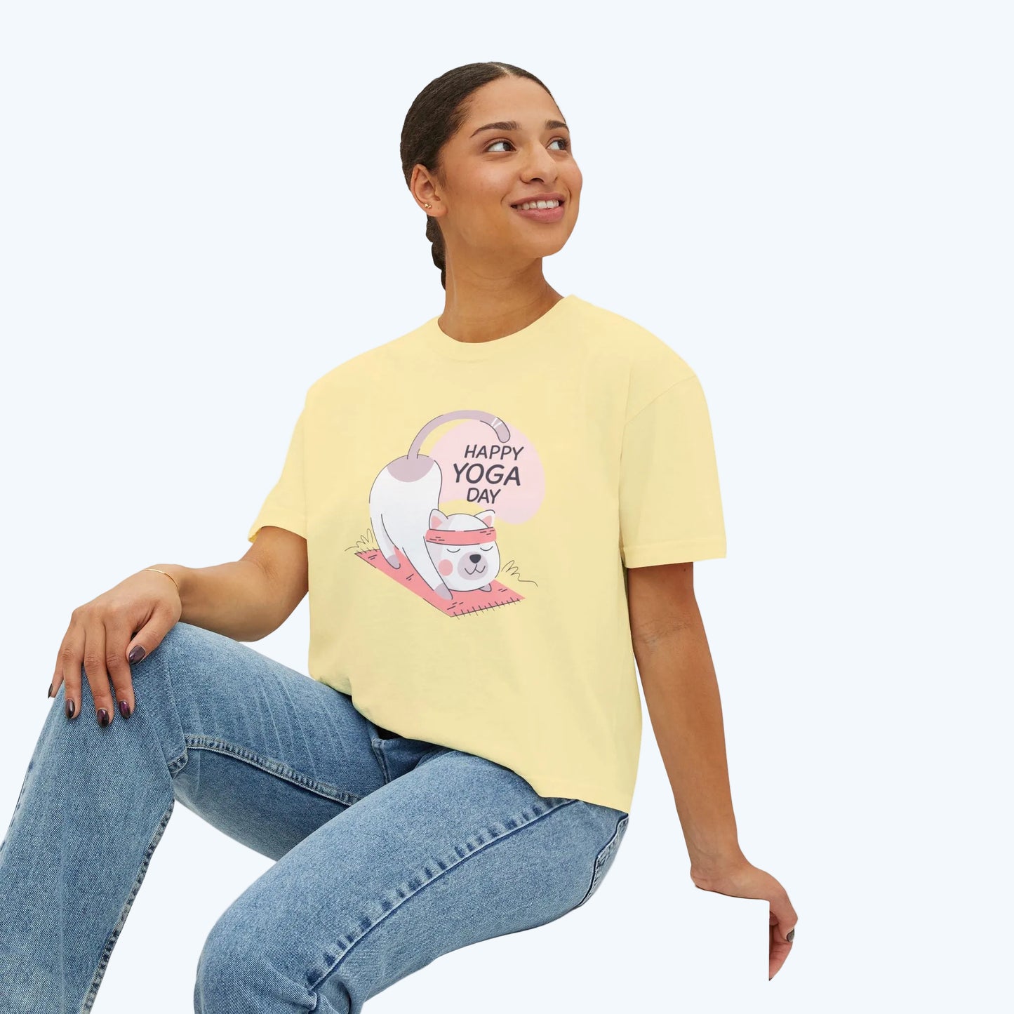 Women's Tee — Cute "Happy Yoga Day" Cat Pose Graphic