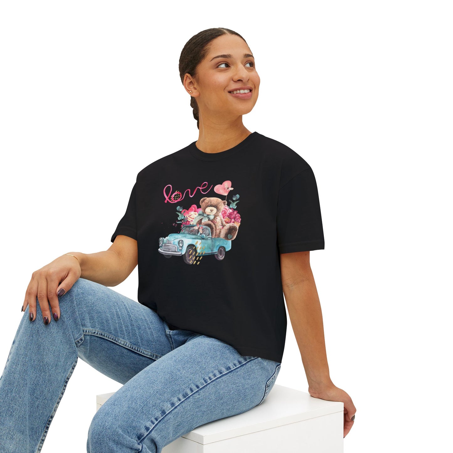 Love Bear Vintage Car Boxy Tee — Cute Valentine's Women's Shirt