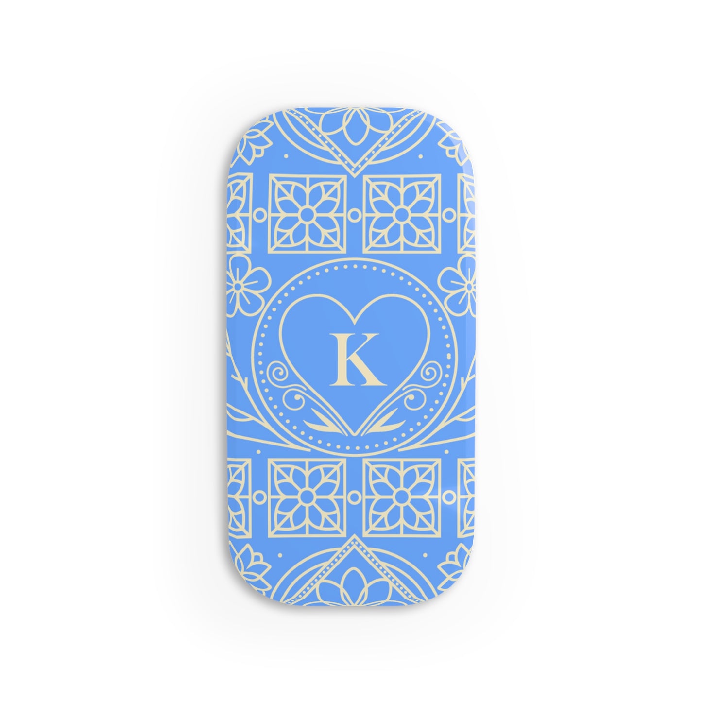 Monogram Heart Phone Grip — Blue Floral Click-On Stand (Letter K)