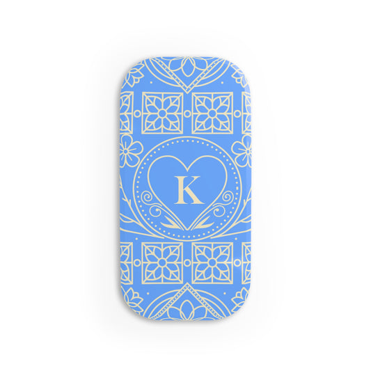 Monogram Heart Phone Grip — Blue Floral Click-On Stand (Letter K)