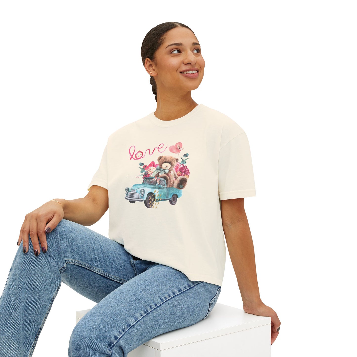 Love Bear Vintage Car Boxy Tee — Cute Valentine's Women's Shirt