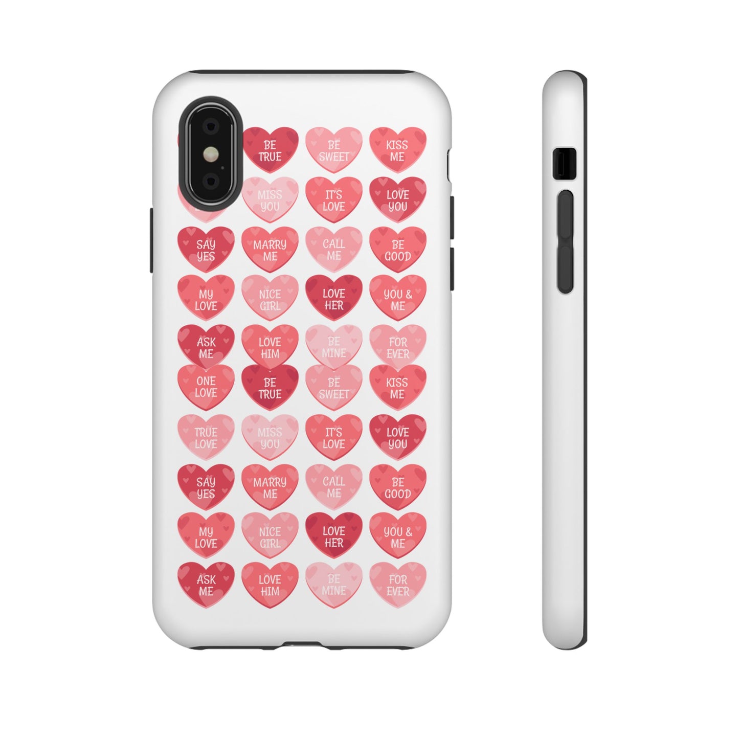 Phone Case — Pink Conversation Heart Pattern, Valentine’s Day Love Messages