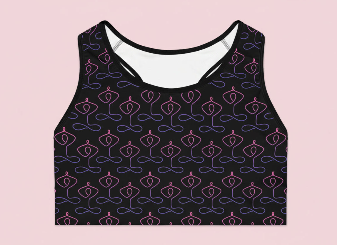 Yoga Pose Pattern Sports Bra — Black & Purple Seamless Activewear