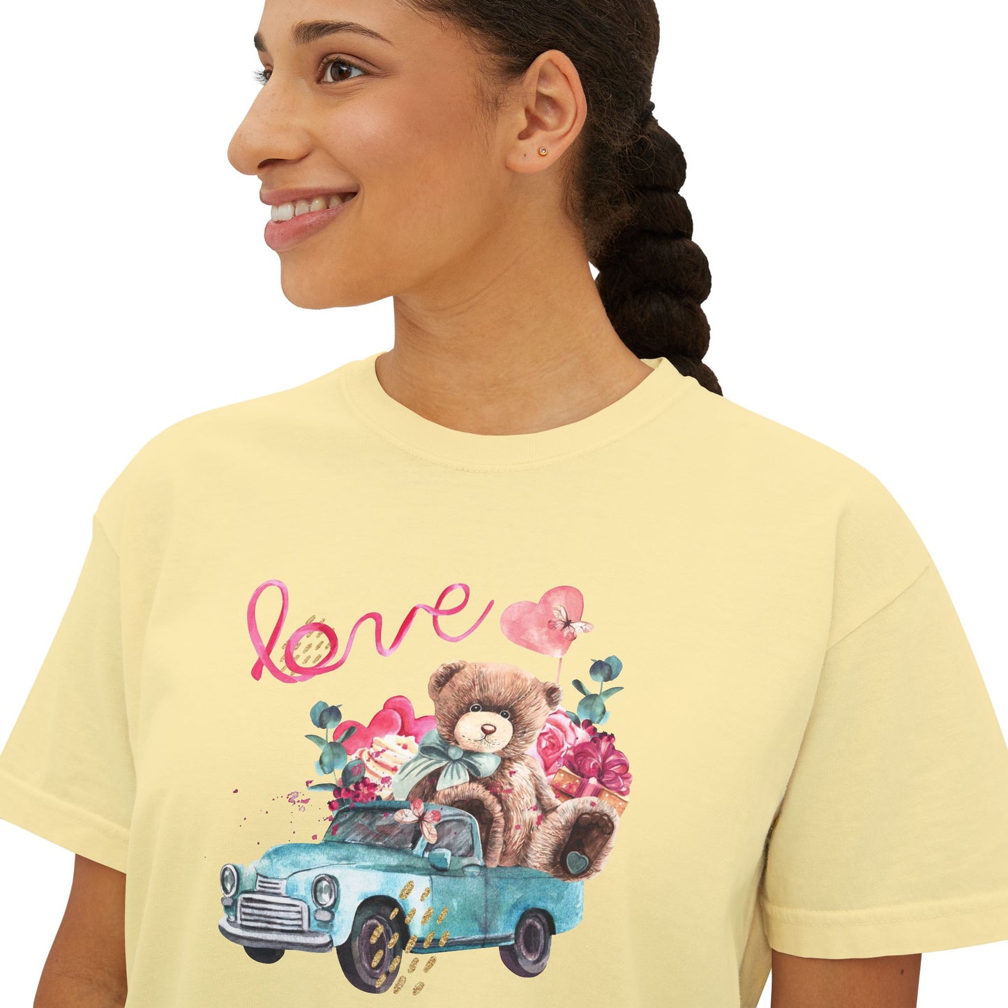 Love Bear Vintage Car Boxy Tee — Cute Valentine's Women's Shirt