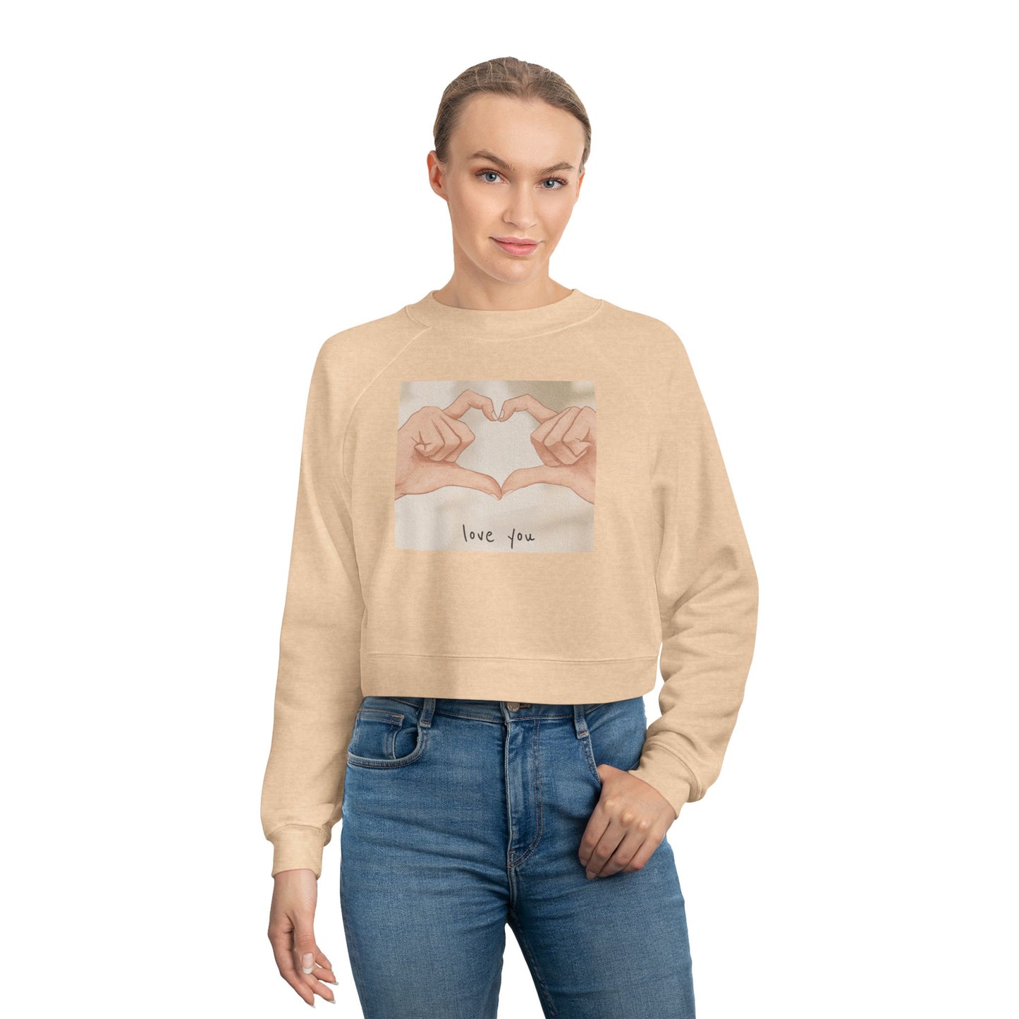 Cropped Pullover — 'Love You' Heart Hands Cozy Women's Sweatshirt