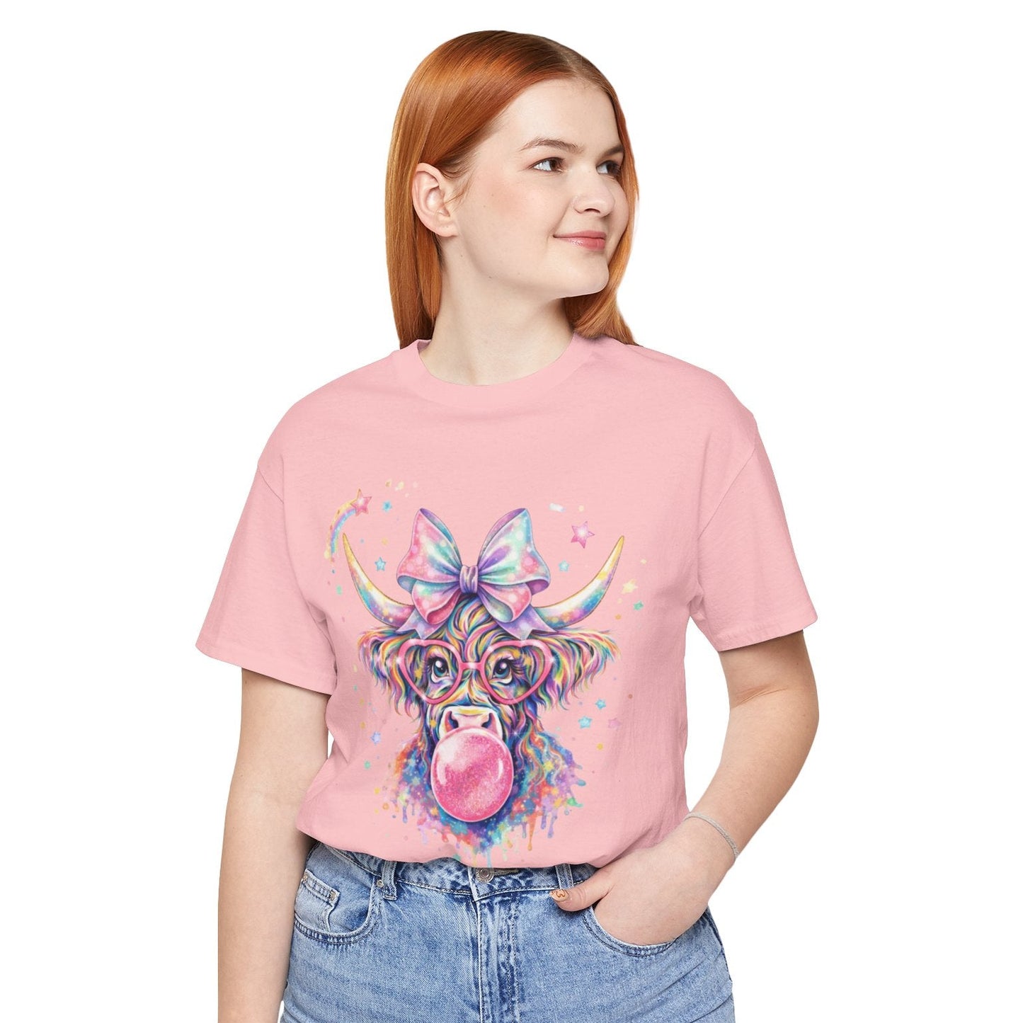 Cute Colorful Cow Tee – Bubblegum Cow with Bow Graphic T-Shirt