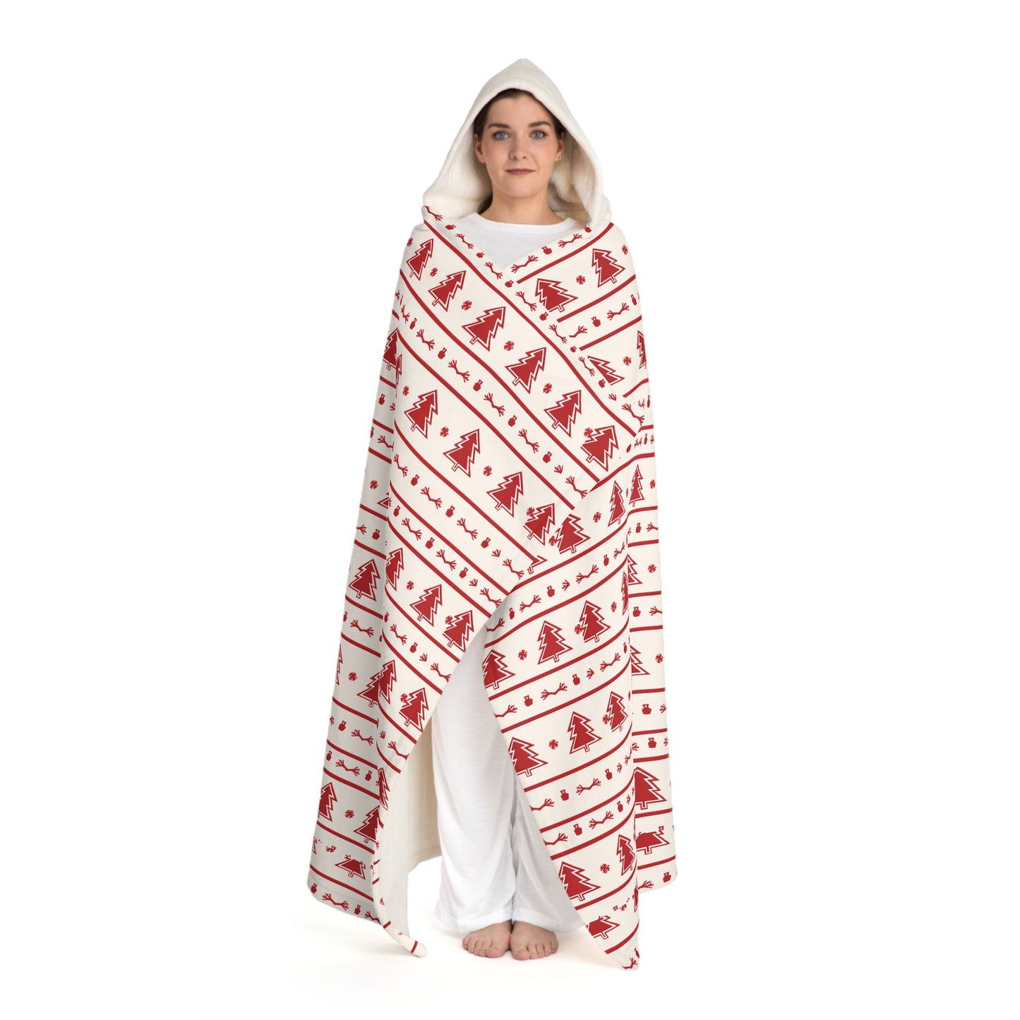 Hooded Sherpa Blanket – Cozy Red Christmas Tree Fleece Throw