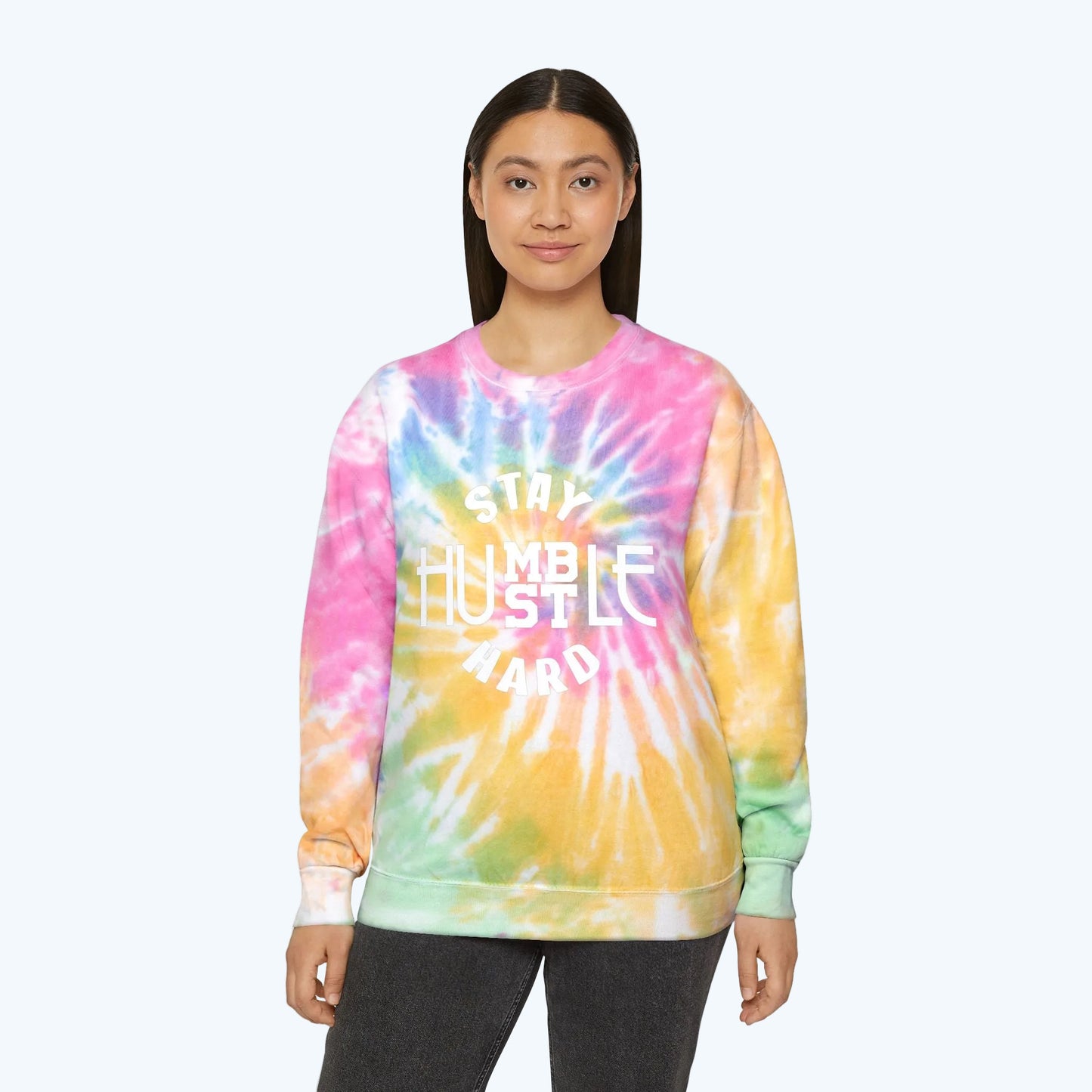Stay Humble Hustle Hard Tie-Dye Sweatshirt — Light Blue Spiral Crewneck