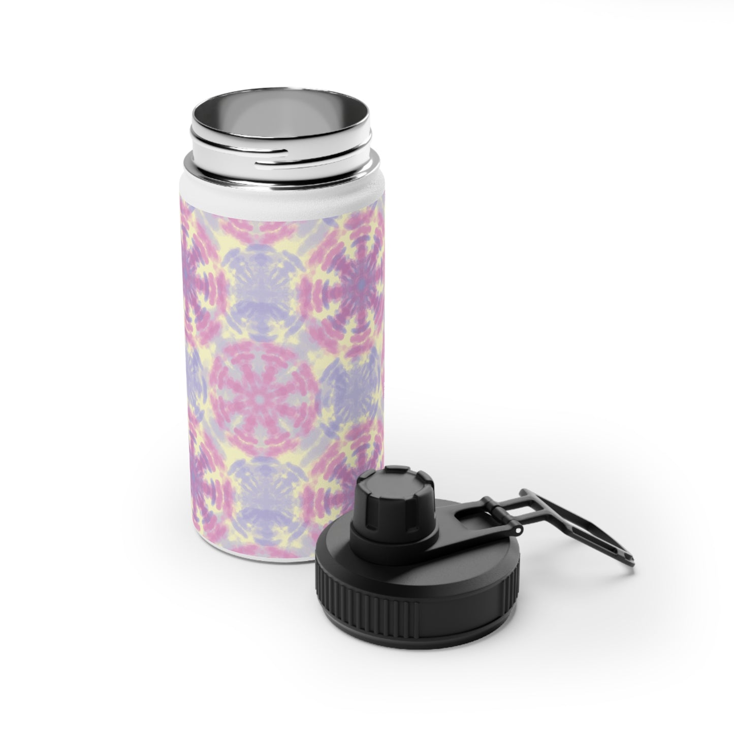 Tie-Dye Pastel Stainless Steel Water Bottle — Sports Lid, Pink & Lavender Kaleidoscope