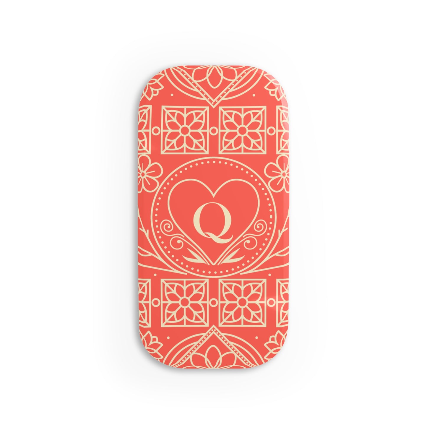 Monogram Q Heart Phone Grip — Coral Floral Click-On Phone Stand & Grip