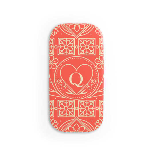 Monogram Q Heart Phone Grip — Coral Floral Click-On Phone Stand & Grip