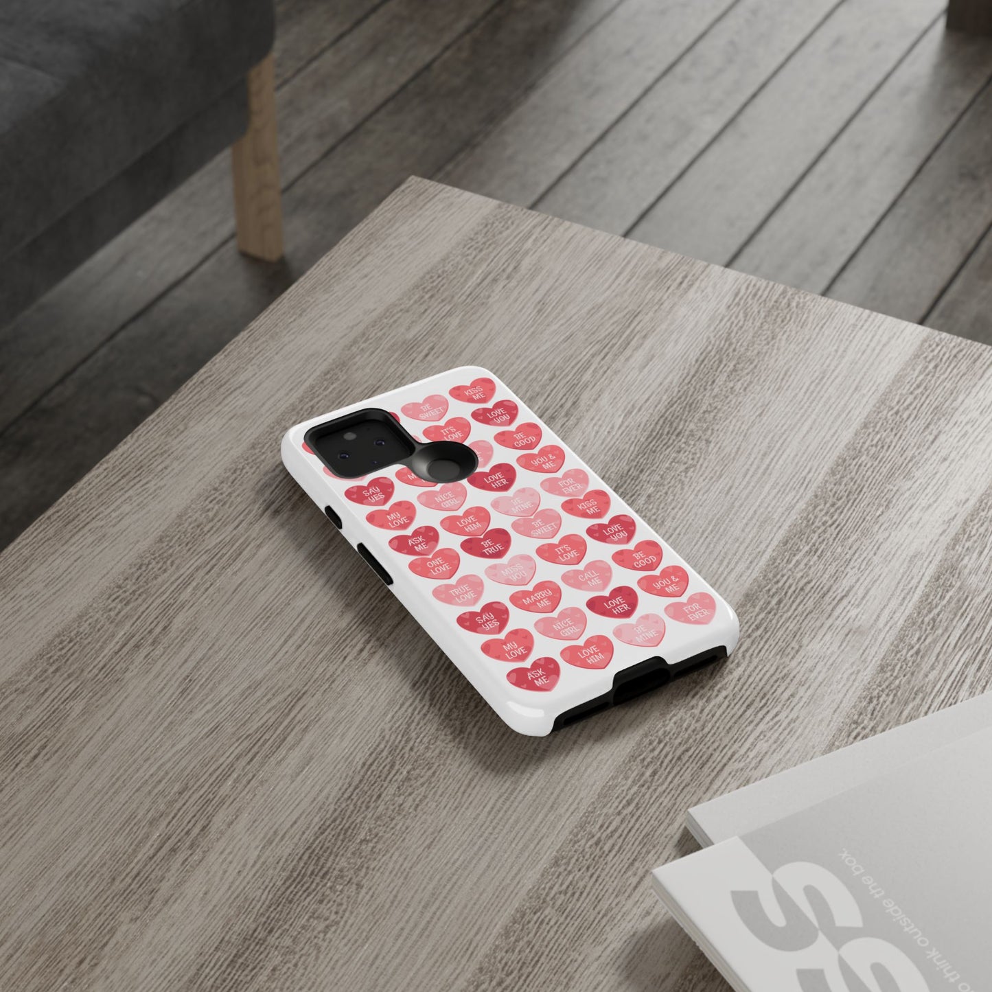 Phone Case — Pink Conversation Heart Pattern, Valentine’s Day Love Messages